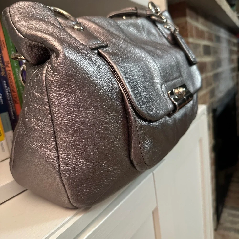 COACH Metallic Silver Leather Tote Bag with Chain Detail